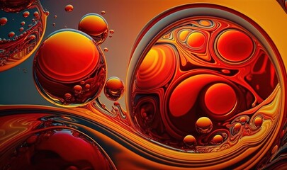 an abstract painting with red and orange circles and bubbles on a black background.  generative ai