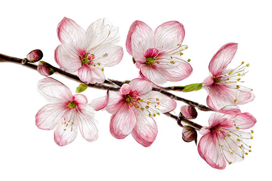 Pink spring cherry blossom. Cherry tree branch with spring pink flowers isolated on white. Transparent png. Generative ai
