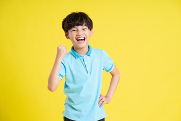 portrait of an asian boy posing on a yellow background