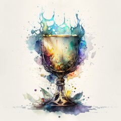 Chalice, Blue Splash Magic Flames, Ornately Decorated Illustration of Holy Grail watercolor painting style [Generative AI]