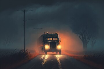 illustration, a truck moving through the evening mist on a country road, ai generative