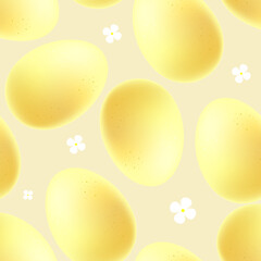 Cute yellow egg with white flowers on a beige background. Seamless vector pattern. Happy Easter Day greeting card.