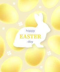 Happy Easter Day greeting card with white rabbit silhuette. Cute yellow egg with white flowers on a beige background.