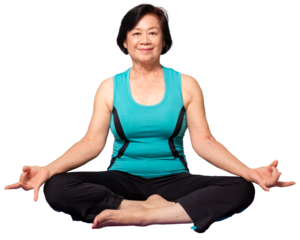 asian happy senior woman with sportwear doing yoga meditation. smiling at camara. Cutout. Selfcare, healthy lifestyle, relaxation concept.
