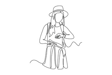 Continuous one line drawing female traveler looking at watch. Travel experience concept. Single line draw design vector graphic illustration.