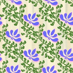 Fototapeta na wymiar Ivy Floral Seamless Pattern Pastel Print Flowers and Leaves Hand Drawn Style on a Light Background Decorative Background for Fabric Textile Wrapping Paper Card Wallpaper Graptic Seamless Backgrounds 