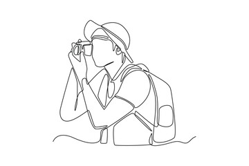 Continuous one line drawing happy boy take a photo with smartphone. Travel experience concept. Single line draw design vector graphic illustration.