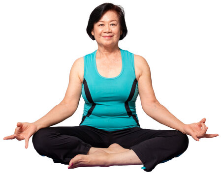 asian happy senior woman with sportwear doing yoga meditation. smiling at camara. Cutout. Selfcare, healthy lifestyle, relaxation concept.