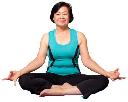 asian happy senior woman with sportwear doing yoga meditation. smiling at camara. Cutout. Selfcare, healthy lifestyle, relaxation concept.