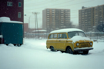 Fictional sixties vintage city street view, winter snow on cars and road. Generative AI
