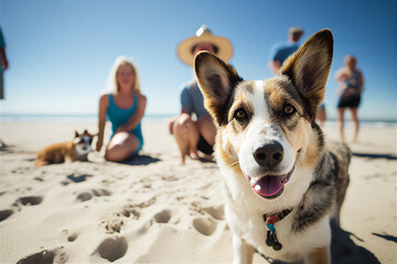 Dog on beach sunny summer day, people defocused in background, pet holidays concept. Generative AI