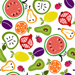 Different fruits collection, isolated on white. Seamless summer pattern
