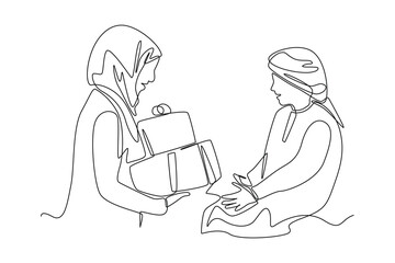 Continuous one line drawing Muslim mother giving gift to her son. Eid al-Fitr concept. Single line draw design vector graphic illustration. - obrazy, fototapety, plakaty