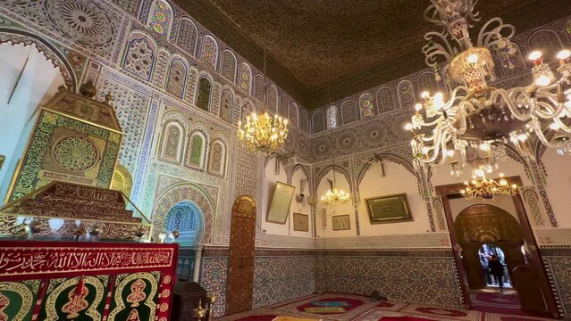 Beautiful interior of Zawiya of Moulay Idris II in the medina of Fez, Morocco
