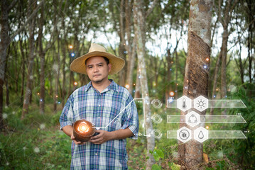 Smart farm digital icon and futuristic AI data infographic of Farmer agriculturist unhappy low...