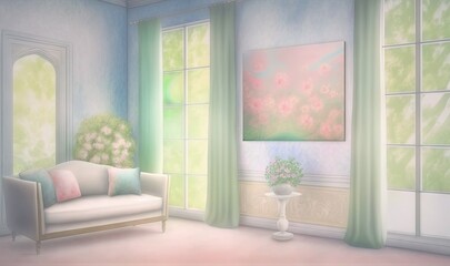  a painting of a living room with a couch and a vase of flowers.  generative ai