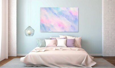  a bedroom with a bed and a painting on the wall.  generative ai