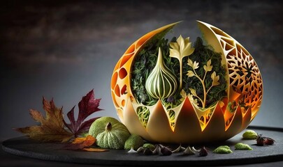  a carved pumpkin sitting on top of a table next to leaves.  generative ai