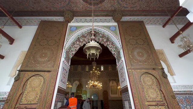 Beautiful interior of Zawiya of Moulay Idris II in the medina of Fez, Morocco