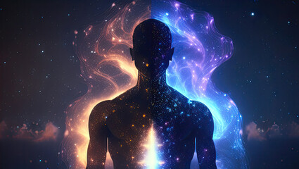 generative ai illustration of Astral body silhouette with abstract space background. light reflexes flood the body, generative ai