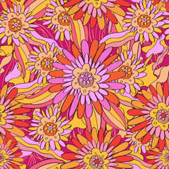 Seamless vector pattern with different decorative flowers in retro style - 1970s. Hippie style.