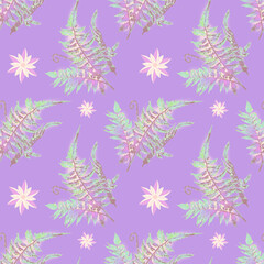 Fern with flowers seamless pattern, illustration.