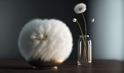  a vase with a flower and a white fluffy ball in it.  generative ai