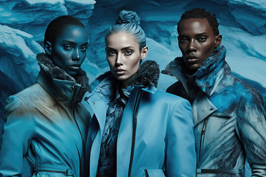 AI artwork of diverse models standing near glacier