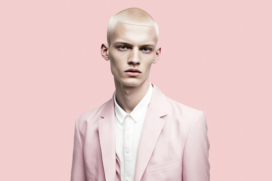 Generated AI portrait of confident young male model in elegant peach suit looking at camera while standing on pink background in studio