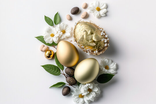 Generative AI of gold Easter eggs with flowers