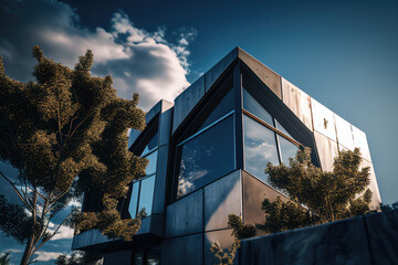 Exterior of modern house with large panoramic windows. Living building facade. Created with Generative AI