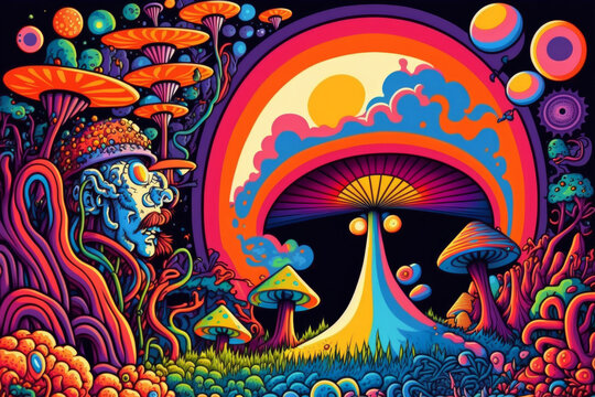 Psychedelic magic mushroom landscape design. Generative ai