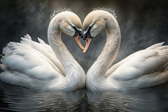 two swans in the shape of a heart, kissing. (Generative AI)