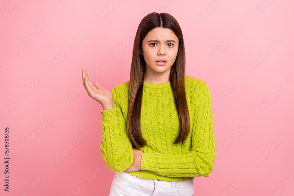 Poster Photo portrait of lovely teen lady sad depressed argue bad mood stressed dressed stylish green clothes isolated on pink color background