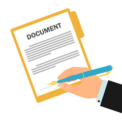 The hand signs the document with a fountain pen. Illustration
