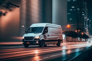 White cargo van. Night evening city street background.	
