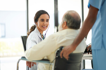 Fototapeta premium An elderly male patient with high body fat, obesity, sees a doctor at the hospital due to body problems because of a lot of weight.