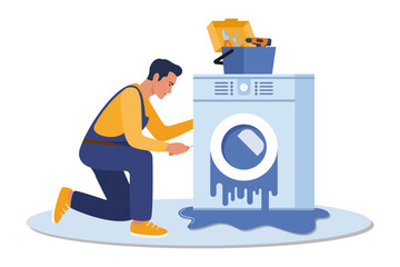 Master with set of professional tools repairs a washing machine. Washing machines repair service. Man character in uniform and washing machine with a breakdown. Vector illustration 