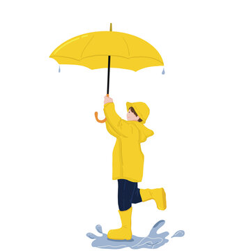 Kid Wearing Rain Coat Holding Umbrella Flat Design Character