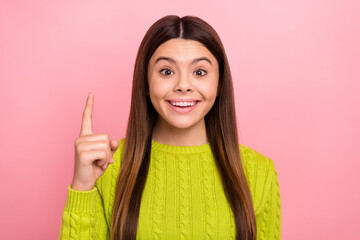 Photo portrait of lovely teen lady pointing up eureka excellent idea wear trendy green garment...