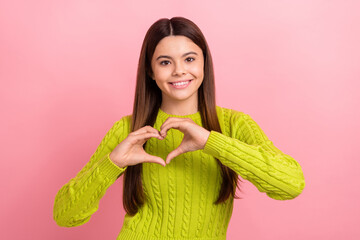 Photo portrait of lovely teen lady arms heart shape positive feedback dressed stylish green garment...
