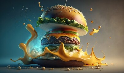  a hamburger with a lot of mustard falling out of it.  generative ai