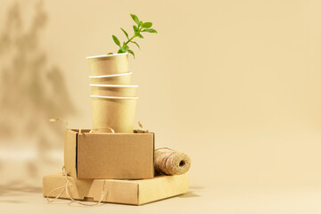 Sustainable still life. Eco friendly packaging concept. Cardboard boxes, disposable cups with green...