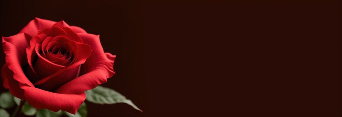 Red Rose flower isolated on a dark background with big copy space. Banner with Symbol of Love. Generative AI.
