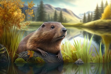 Beaver in nature background.  - obrazy, fototapety, plakaty