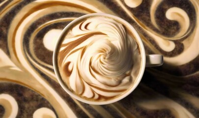  a cup of coffee with a swirl pattern on it's surface.  generative ai
