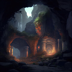 Surreal ancient ruins cave.