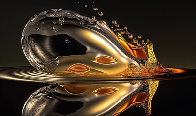  a golden liquid splashing out of a black bowl on a reflective surface.  generative ai