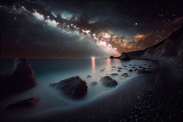  Long time exposure night landscape with Milky Way Galaxy above the sea .