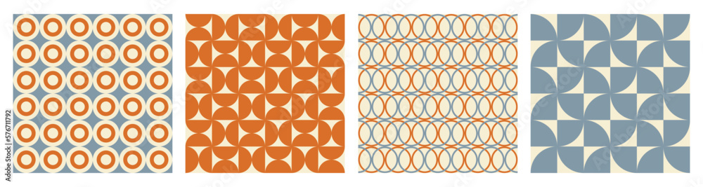 Poster Trendy retro set geometric seamless patterns with colorful semicircles and circles. Modern abstract background. Orange, beige and blue colors. Vector illustration
